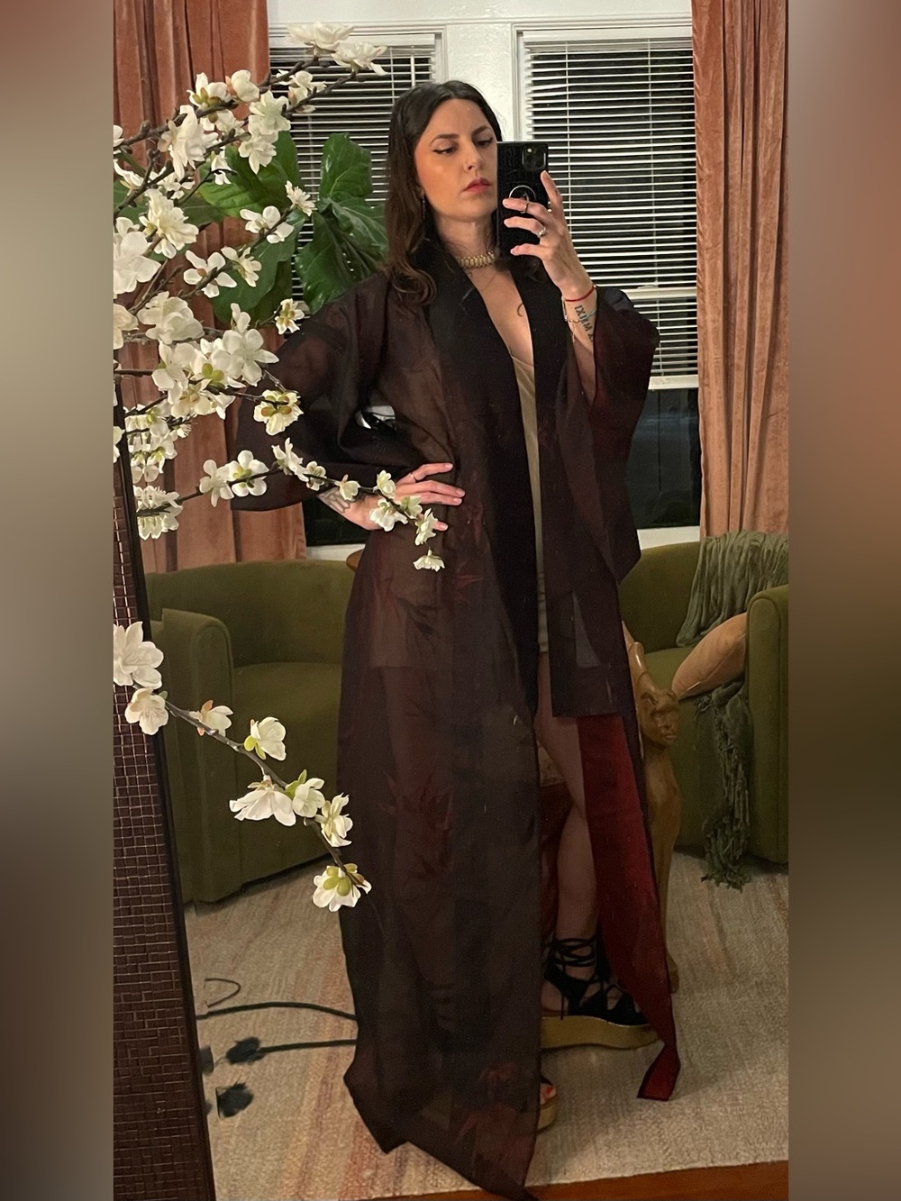 See thru mesh vintage kimono red black flower damask swimwear coverup festival